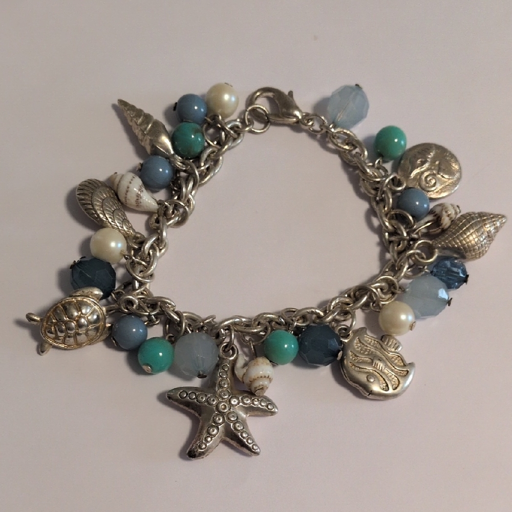 Silver Blue‎ and Turquoise Nautical Shell Fish Beaded Turtle Charm Bracelet